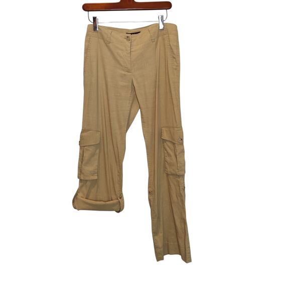 Theory Women's Sz 4 Y2K Tan Linen Blend Cargo Roll Tab Pants Low Rise - Picture 1 of 8